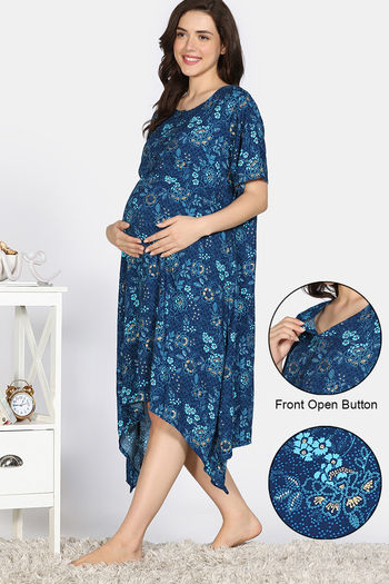 Buy Coucou Maternity Woven Mid Calf Length Loungewear Dress With Front Open Button - Blue Depth